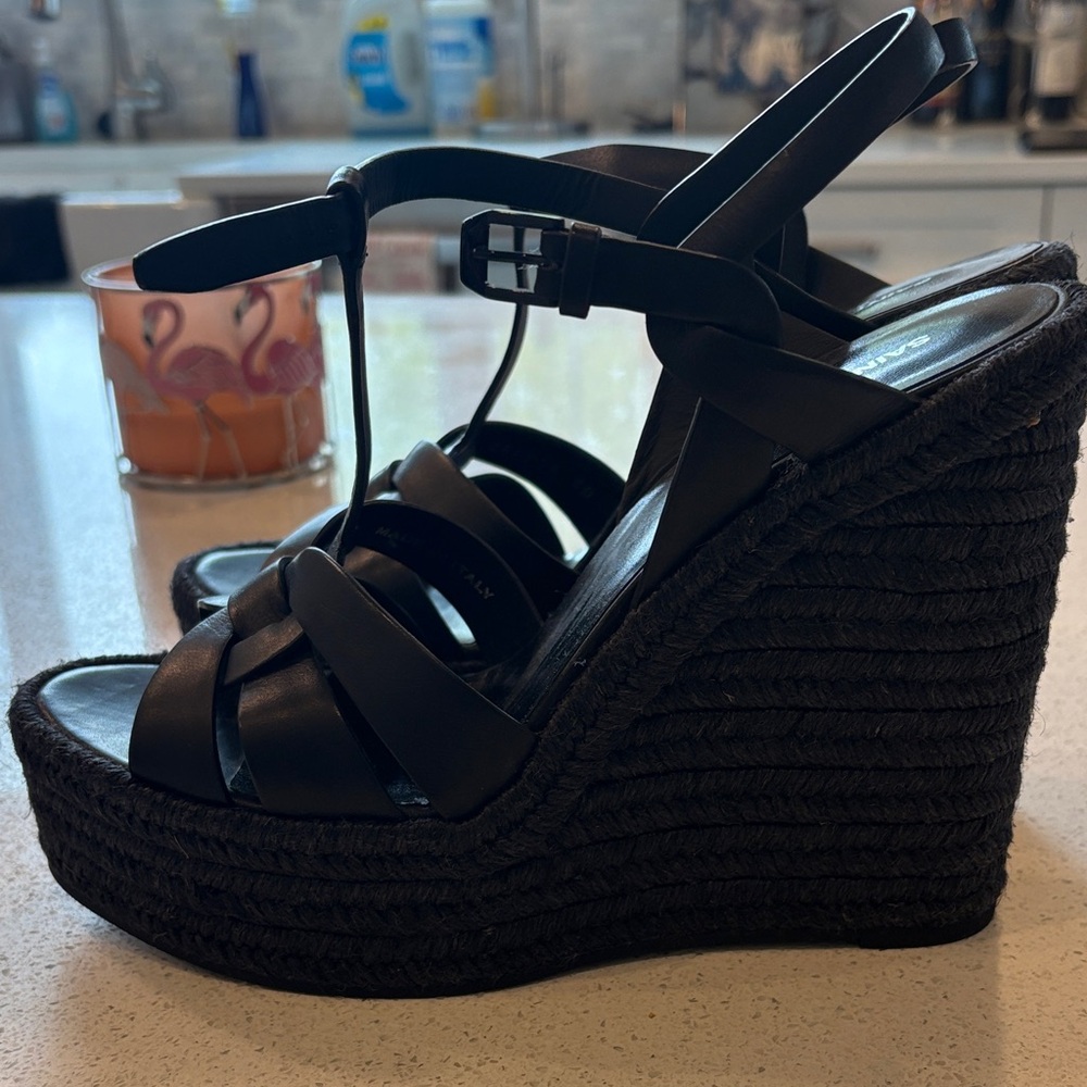 Saint Laurent Black Leather Woven Espadrille Wedge Sandals